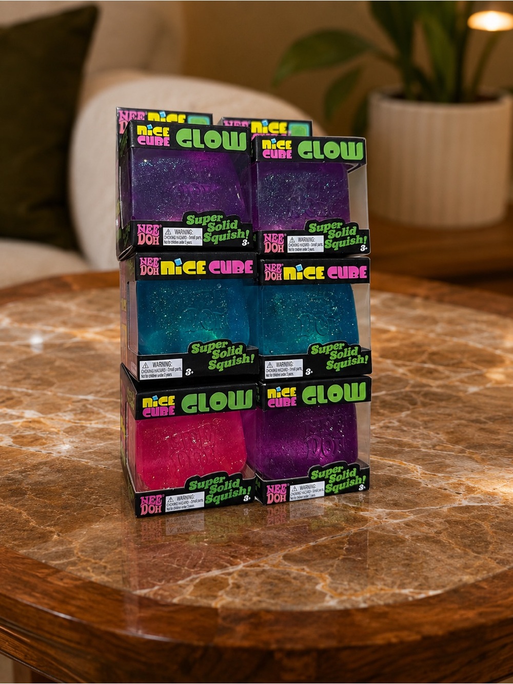 Neon Glitter Glow Squishy Cubes - Pink, Purple, Blue Needoh Glitter and Glow